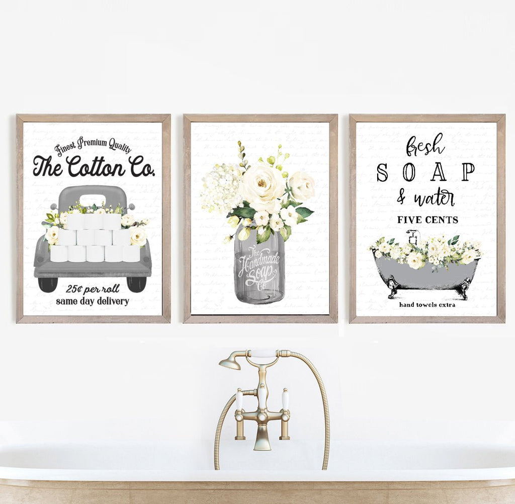 Gray Bathroom Set of 3 Prints - Lettered & Lined