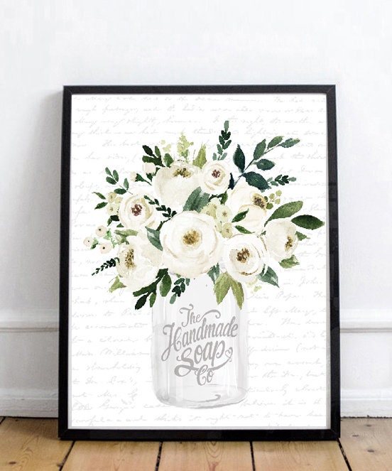 White Mason Jar White Watercolor Small Floral The Handmade Soap Co Print 