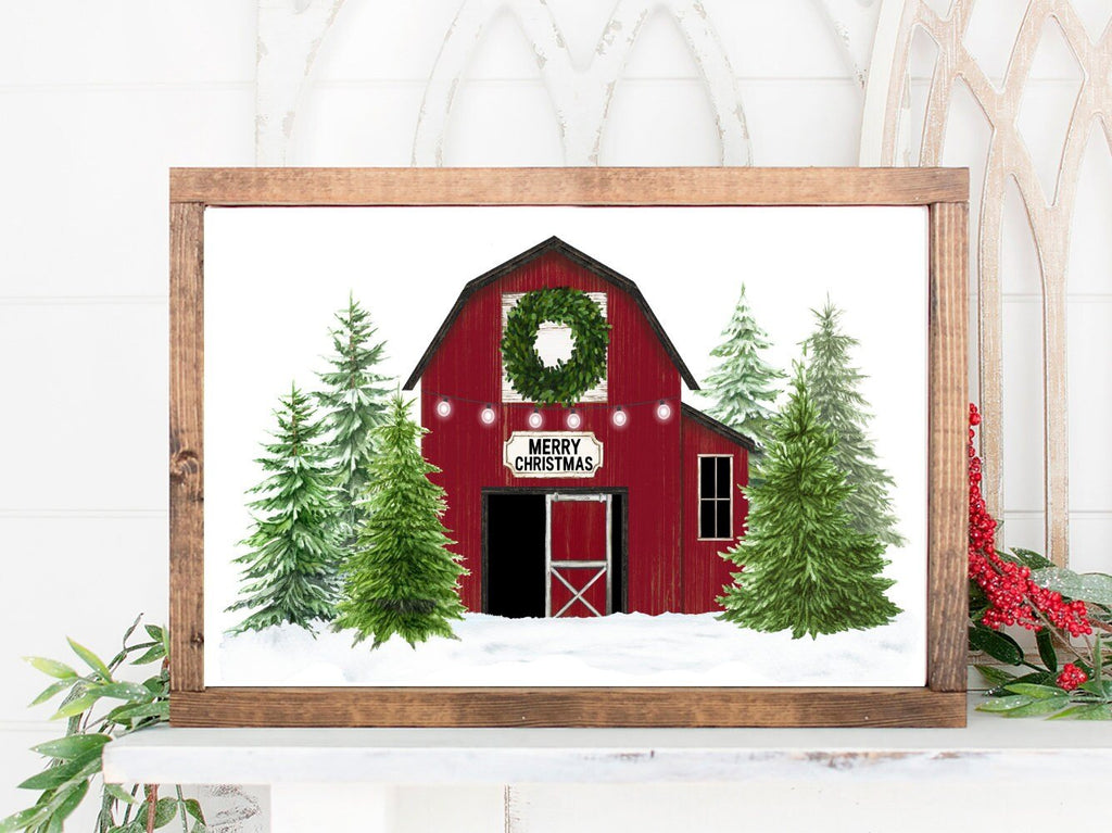 Red Barn Merry Christmas - Lettered & Lined
