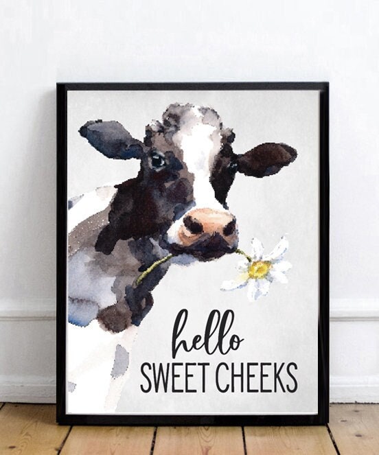 Hello Sweet Cheeks Cow Watercolor Custom Bathroom Wall Art Decor | Farmhouse Bathroom Decor | Bathroom Wall Art Signs | Vintage Art Prints