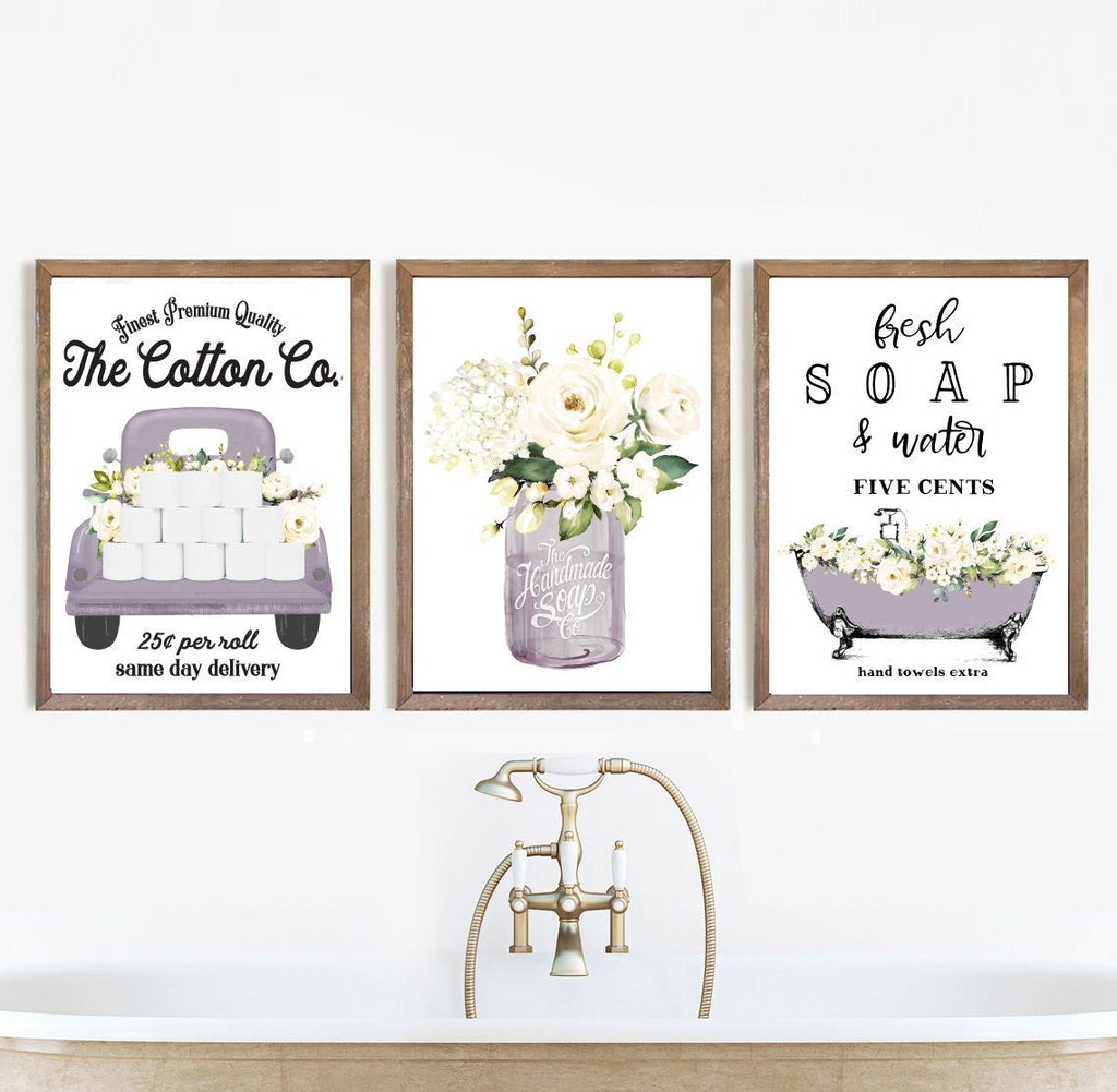 Set of 3 Lavender Floral Bathroom - Lettered & Lined