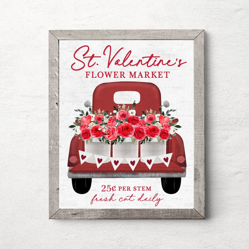 St. Valentine's Flower Market Red Farm Truck Print 