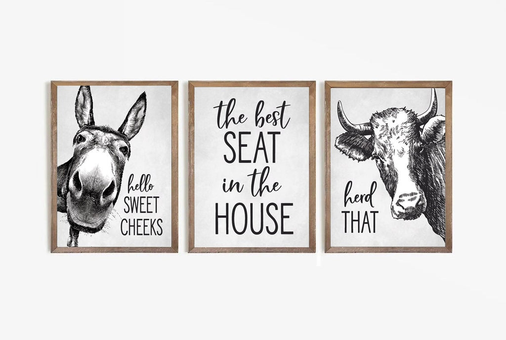 Set of 3 Bathroom Wall Art: Donkey, Best Seat, Cow | Custom Bathroom Wall Decor | Farmhouse Bathroom Decor | Bathroom Signs | Vintage Prints