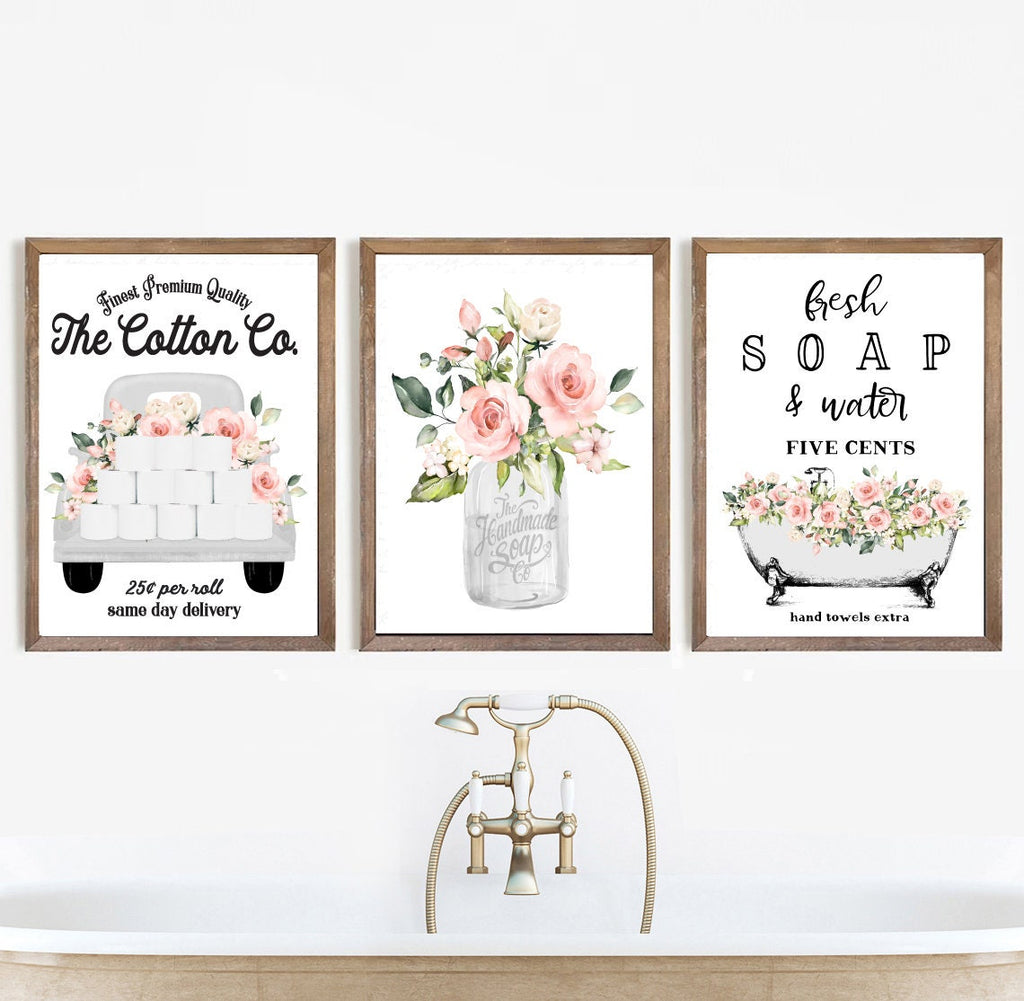 Set of 3 White with Rose Floral Bathroom Prints 