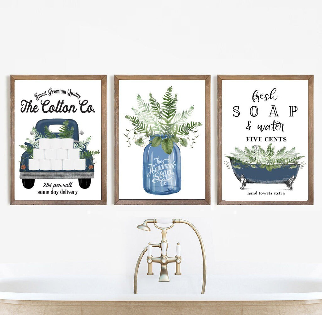 Set of 3 Navy & Greenery Bathroom - Lettered & Lined