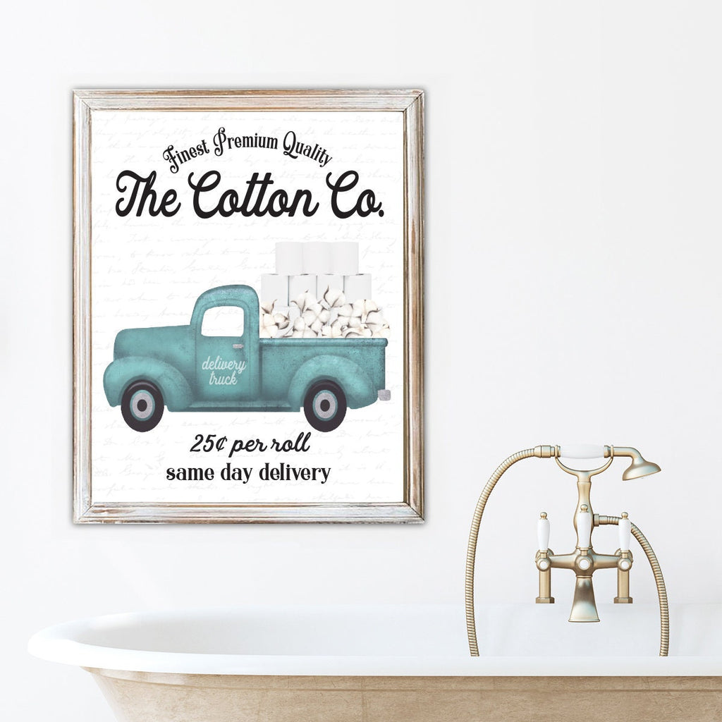 Set of 3 Blue Cotton Bathroom Wall Art: Cotton Co Truck  | Custom Bathroom Wall Decor | Farmhouse Bathroom Decor | Vintage Bathroom Signs