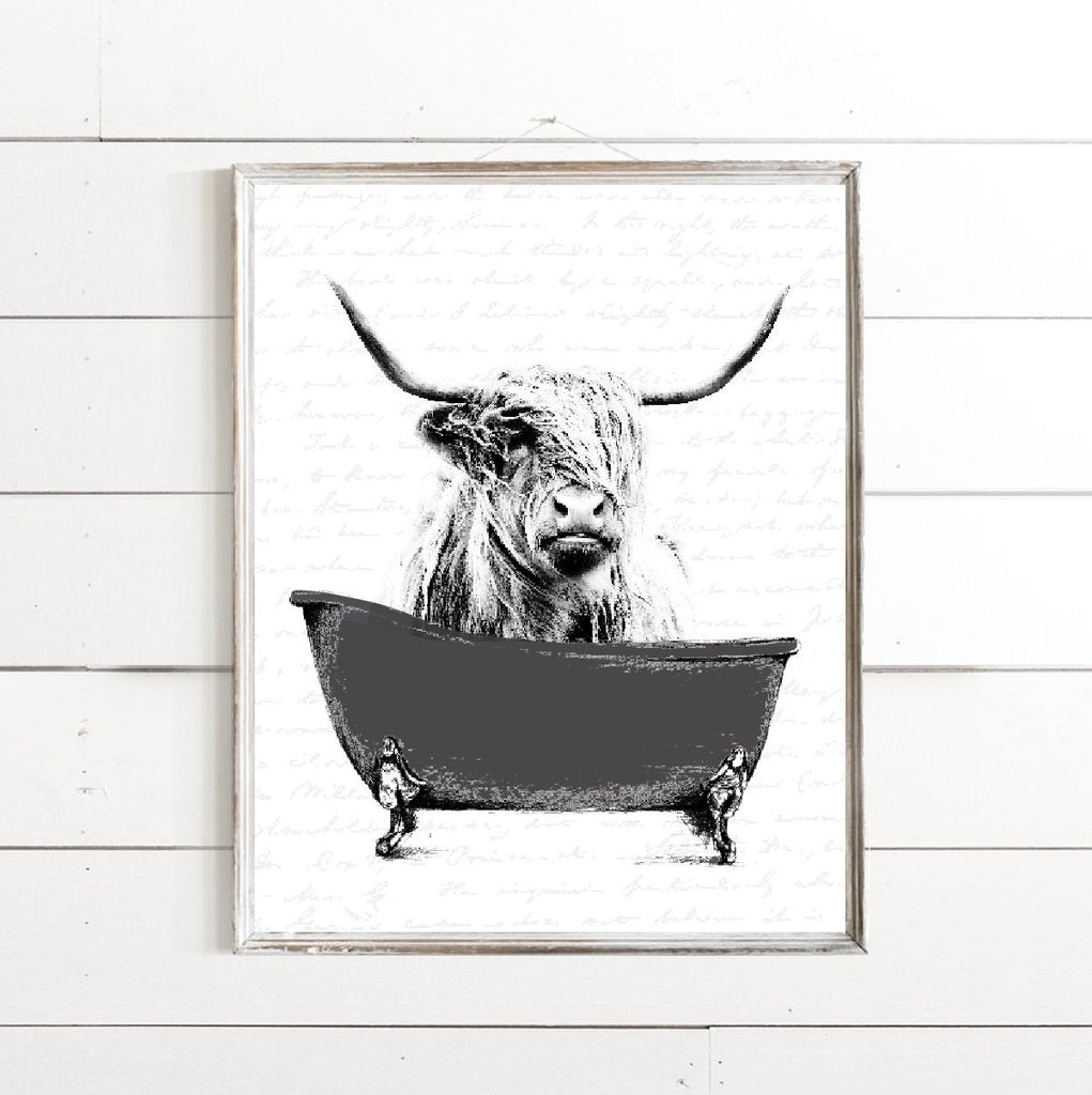 Highland Cow Watercolor Black Clawfoot Bathtub Custom Bathroom Wall Art Decor | Farmhouse Bathroom Decor | Funny Bathroom Wall Art Signs
