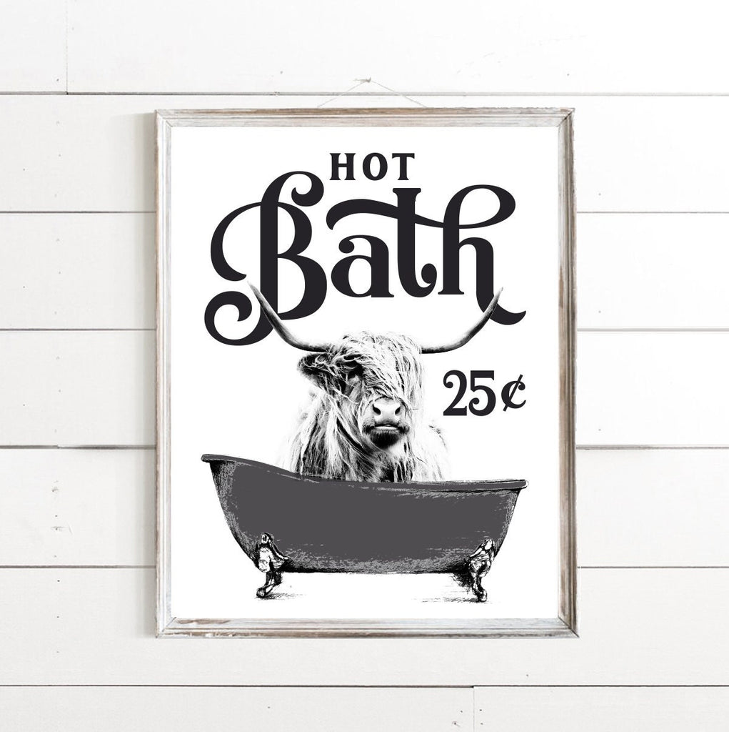 Hot Bath Highland Cow Black Clawfoot Custom Bathroom Wall Art Decor | Farmhouse Bathroom Art | Bathroom Wall Hanging | Funny Bathroom Sign