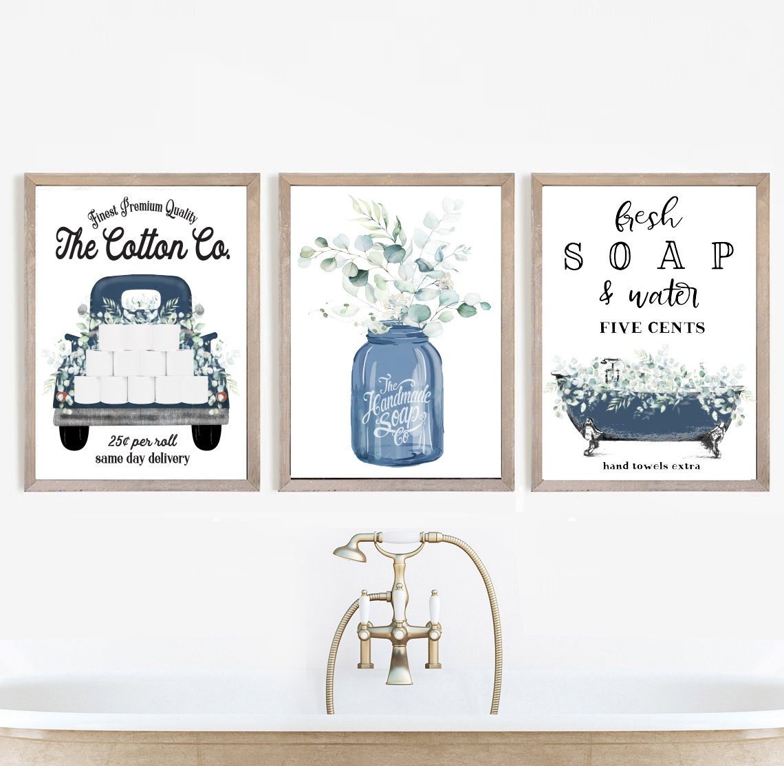 Set of 3 Navy Eucalyptus Bathroom Wall Art The Cotton Co Truck