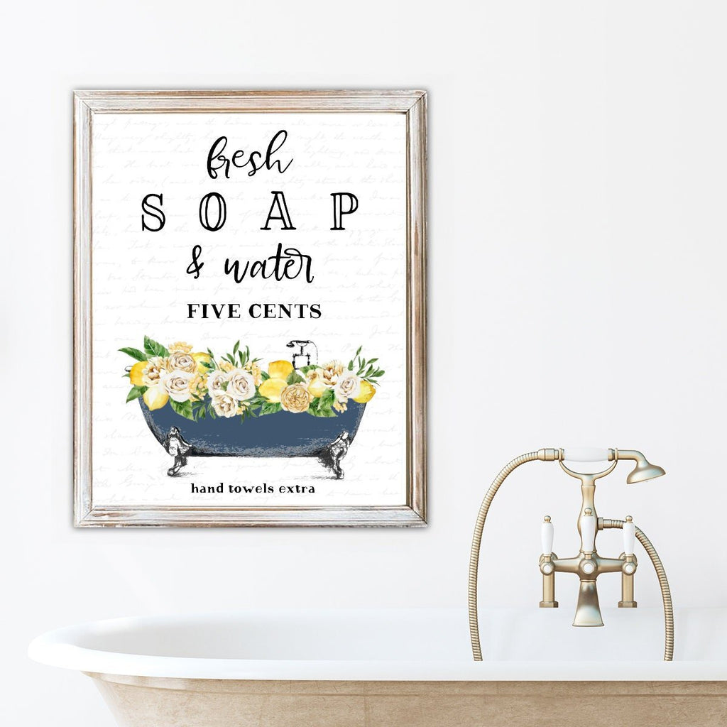 Set of 3 Navy with Lemon Bathroom Wall Art - Lettered & Lined