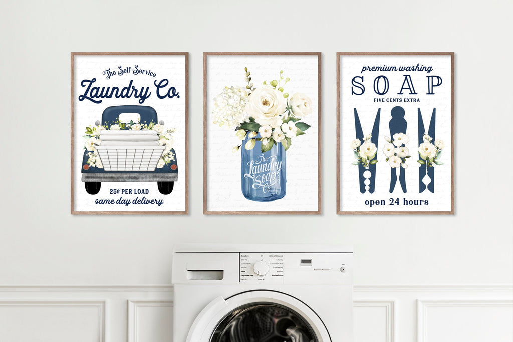 Set of 3 Navy Laundry Wall Art: Laundry Co | Laundry Wall Decor | Farmhouse Laundry Decor | Laundry Signs | Vintage Laundry | Wall Hanging