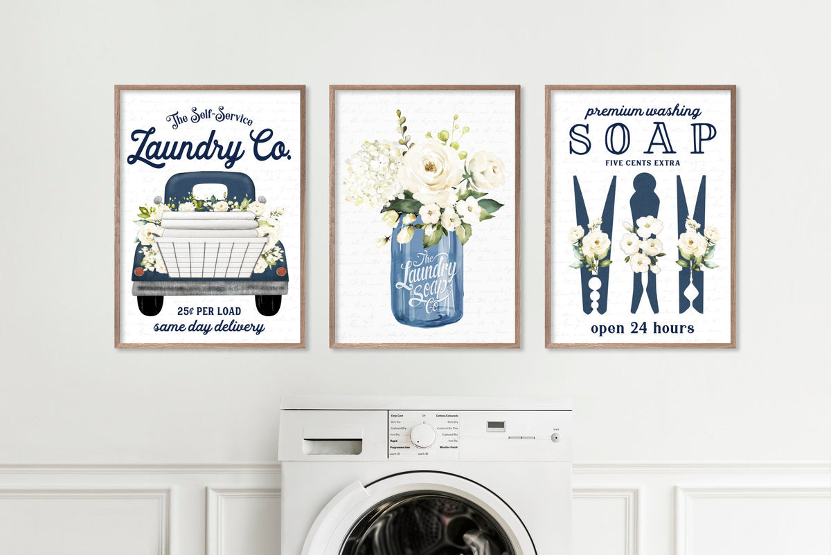 Set of 3 Navy Laundry Wall Art Laundry Co Laundry Wall Decor