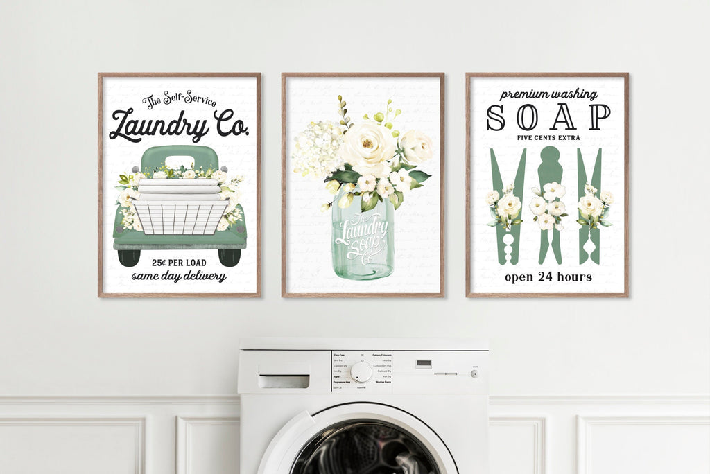 Set of 3 Subtle Green Laundry Wall Art: Laundry Co | Laundry Wall Decor | Farmhouse Laundry | Laundry Signs | Vintage Laundry | Wall Hanging