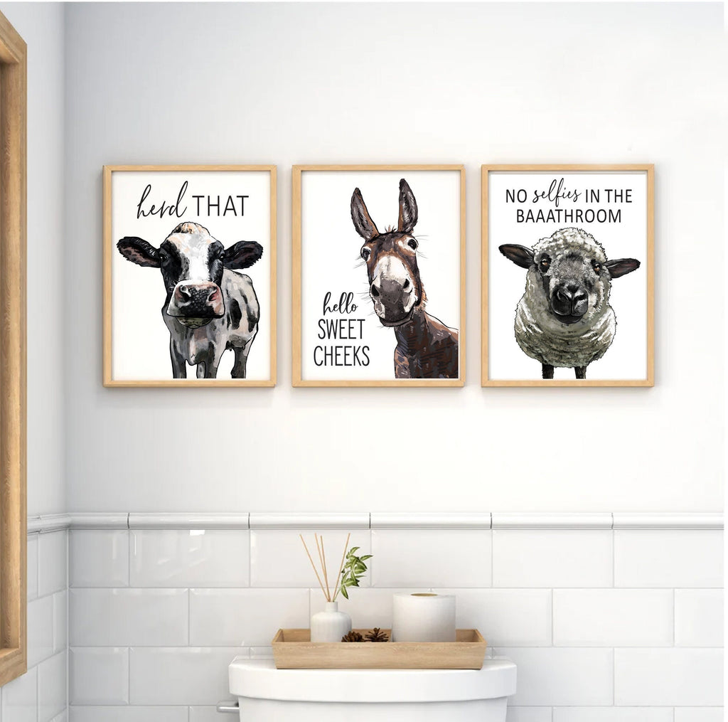 Set of 3 Custom Bathroom Prints: Cow, Donkey & Sheep - Lettered & Lined