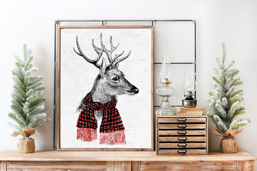 Reindeer with Buffalo Check Scarf Illustration - Lettered & Lined
