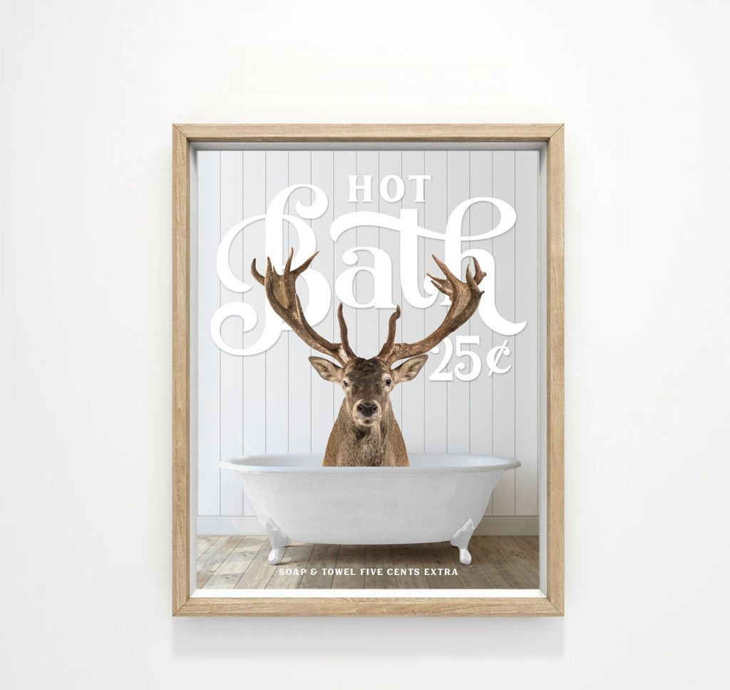 Deer Hot Bath 25 Cents Wood Floor in Tub Bathroom Wall Art Decor | Custom Farmhouse Animals Bathroom Art | Bathtub Animal | Funny Bathroom