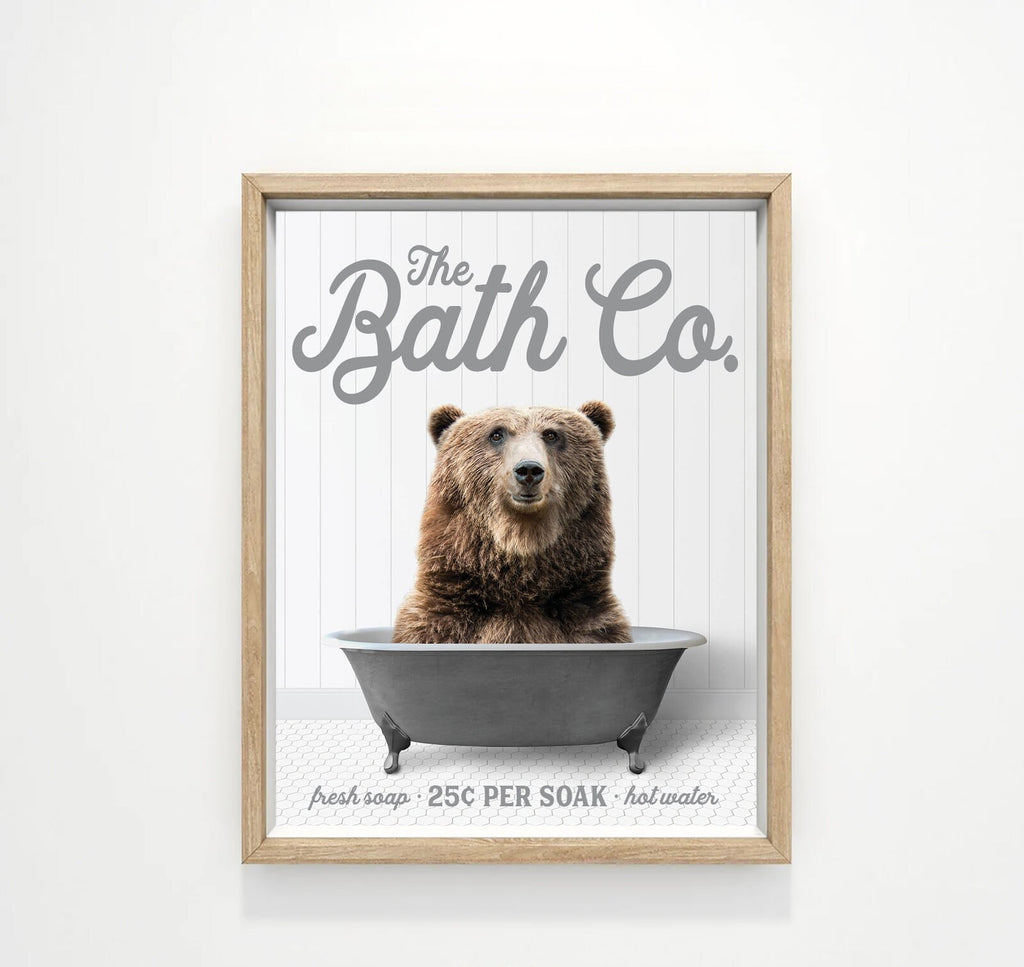 Brown Bear The Bath Co Black Tub Bathroom Wall Art Decor | Funny Bathroom Print | Cow Wall Art | Funny Bathroom Decor | Animal Wall Art