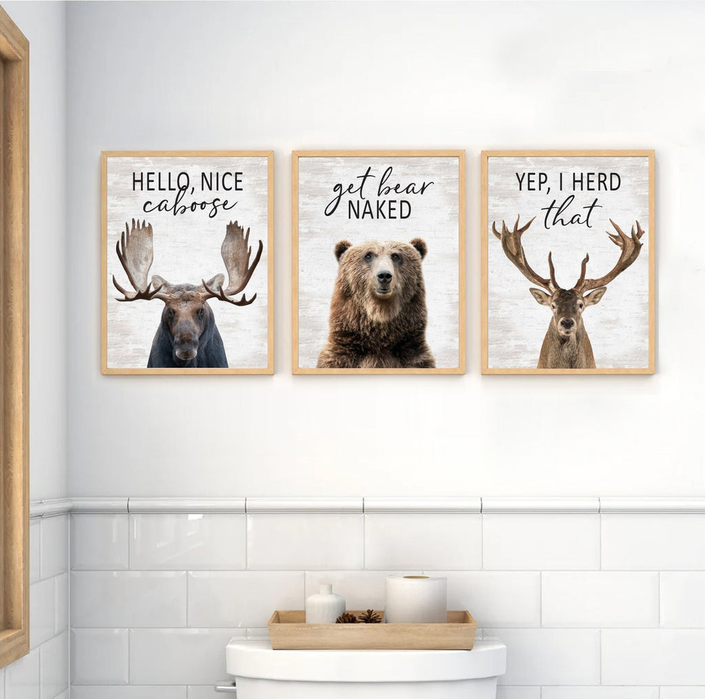 Set of 3 Custom Bathroom Prints: Moose, Bear & Deer | Bathroom Wall Decor | Farmhouse Bathroom Decor | Vintage Wall Art | Bathroom Signs
