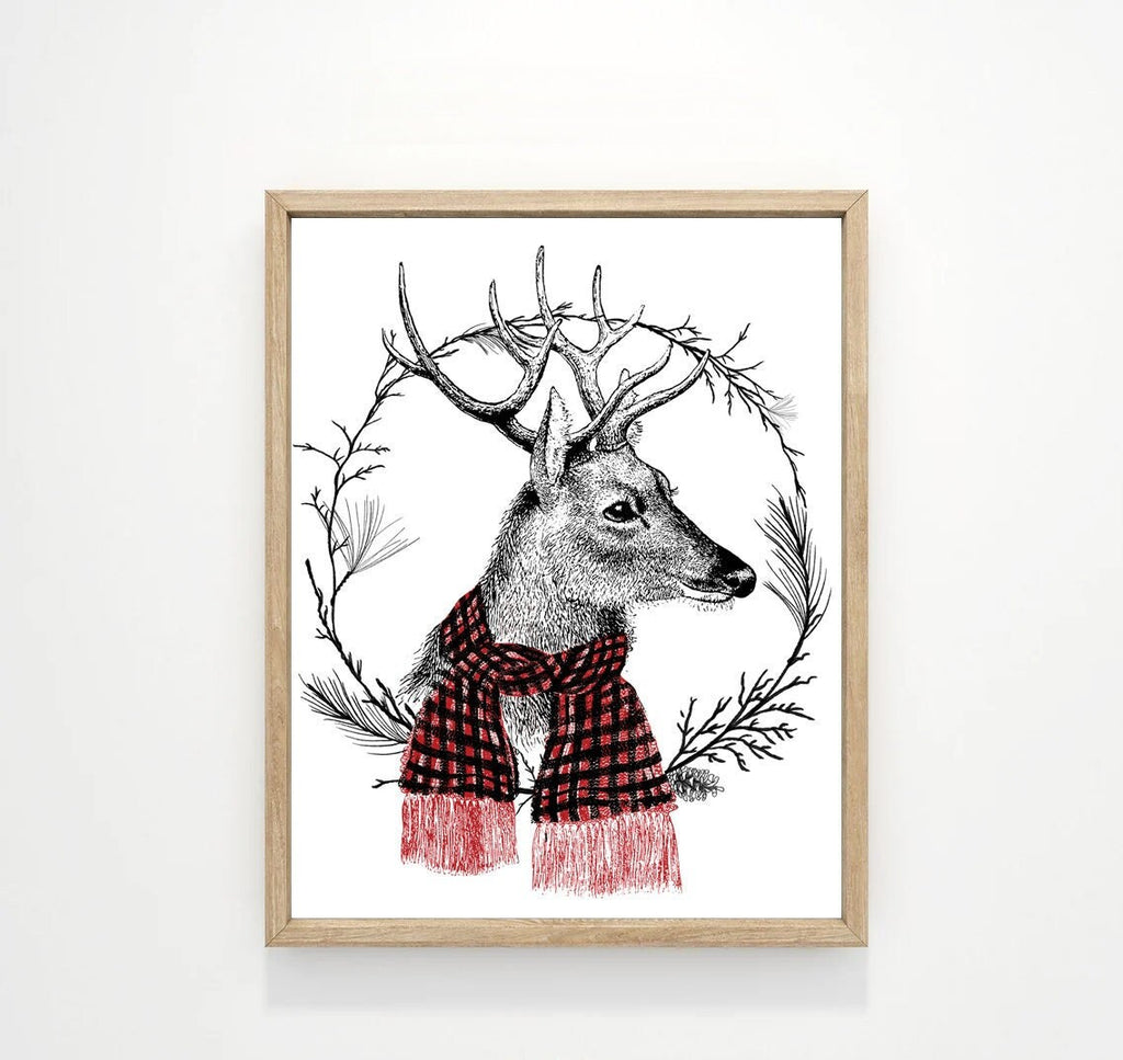 Reindeer Red Scarf Wreath Portrait Illustration