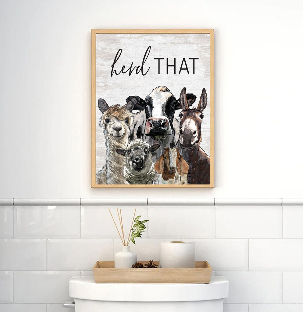 Animal Gang Artistic Herd That Custom Bathroom Wall Art Decor | Highland Cow Sheep Goat Llama Chicken Farm Farmhouse Funny Sign