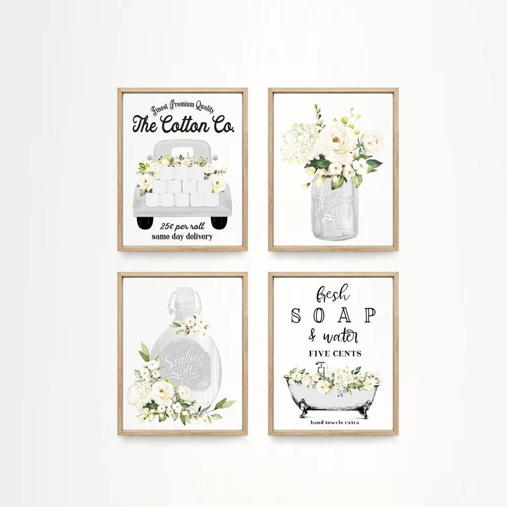 Set of 4 WHITE Floral Bathroom Wall Art: The Cotton Co Truck | Custom Bathroom Wall Decor | Farmhouse Bathroom Decor | Bathroom Signs