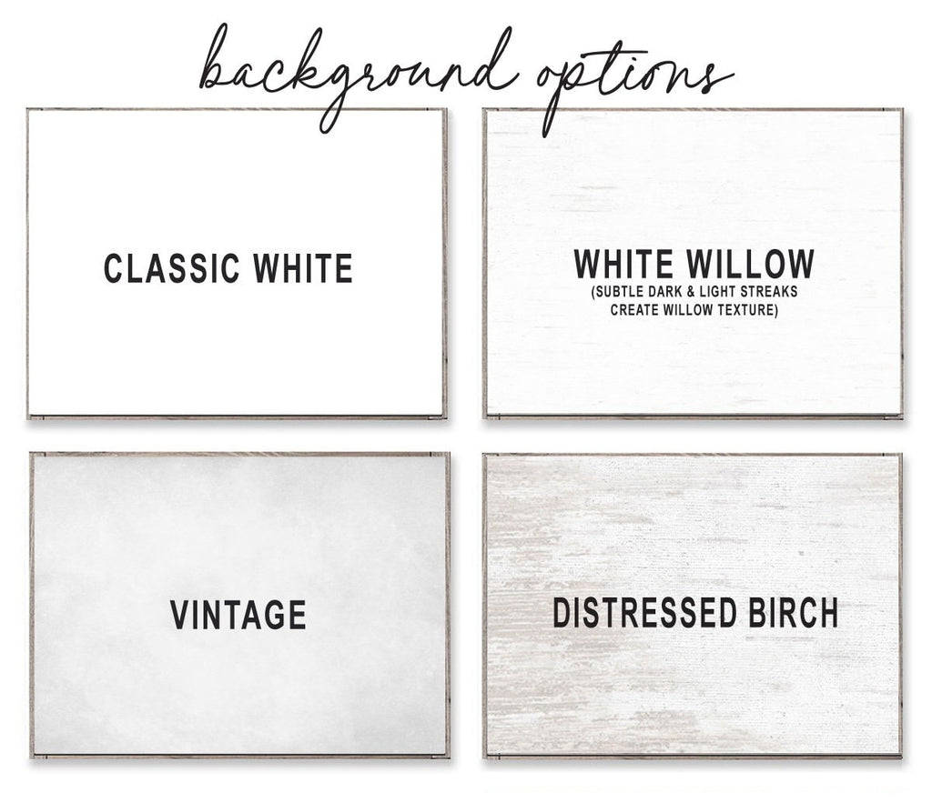 Background examples shown: white, white willow, vintage, distressed birch