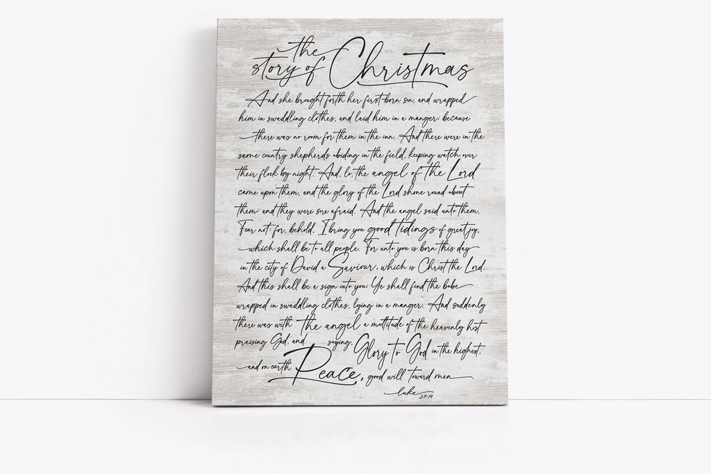 Canavas Sign leaning on wall with distressed birch background - The Story of Christmas Luke 2:7-14 Verse Custom Wall Decor | Christmas Wall Art | Christmas Wall Decor | Holiday Wall Decor | Christmas Sign | Lettered & Lined | Lettered and Lined