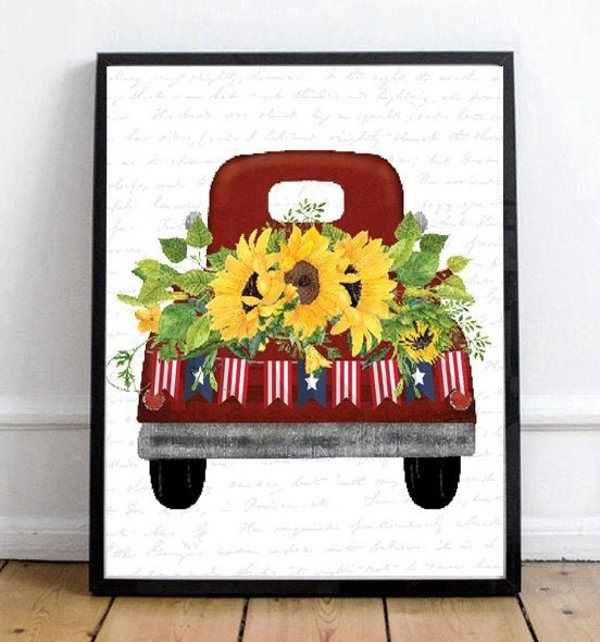 Patriotic Red Farm Truck Sunflowers Banner - Lettered & Lined