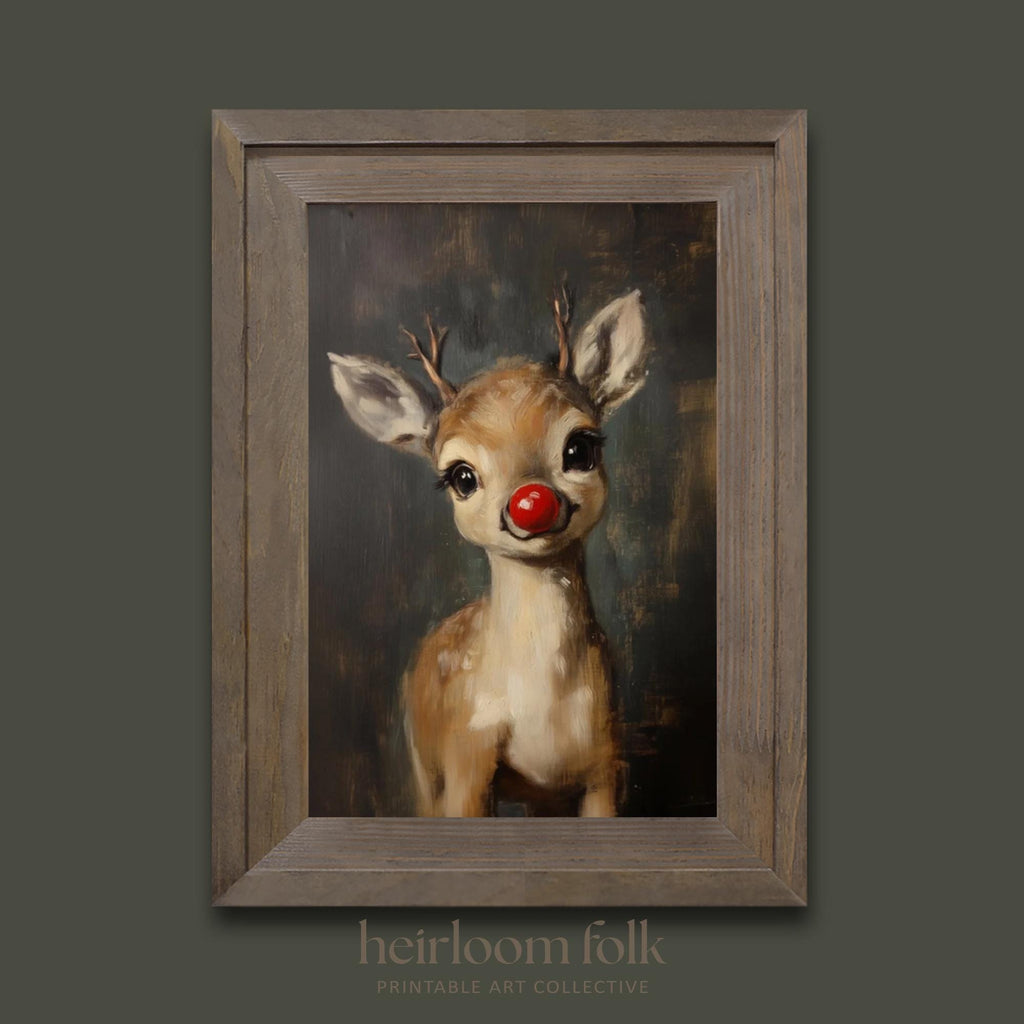 Rudolph Painting Reindeer Cute Print, Whimsical Deer Christmas, Red Nose Christmas Wall Art, Moody Vintage Rudolph Poster, Rustic Artwork