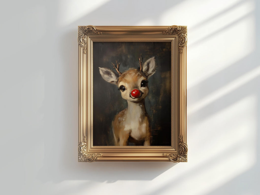 Rudolph Painting Reindeer Cute Print, Whimsical Deer Christmas, Red Nose Christmas Wall Art, Moody Vintage Rudolph Poster, Rustic Artwork