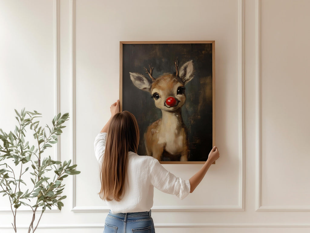 Rudolph Painting Reindeer Cute Print, Whimsical Deer Christmas, Red Nose Christmas Wall Art, Moody Vintage Rudolph Poster, Rustic Artwork