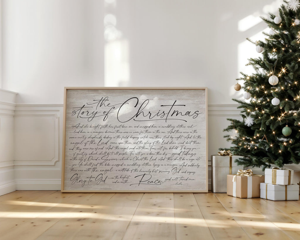 The Story of Christmas Luke 2:7-14 Verse Holiday Wall Decor | Large Oversized Christmas Art | Holiday Framed Print Poster Sign Horizonal