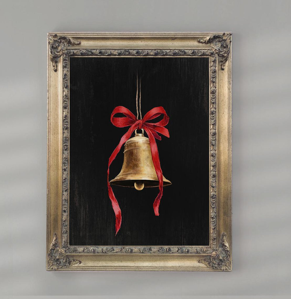 Christmas Bells Vintage Art, Moody Holiday Bell Print Poster, Gold Red Christmas Wall Decor Painting, Moody Christmas Sign, Large Oversize