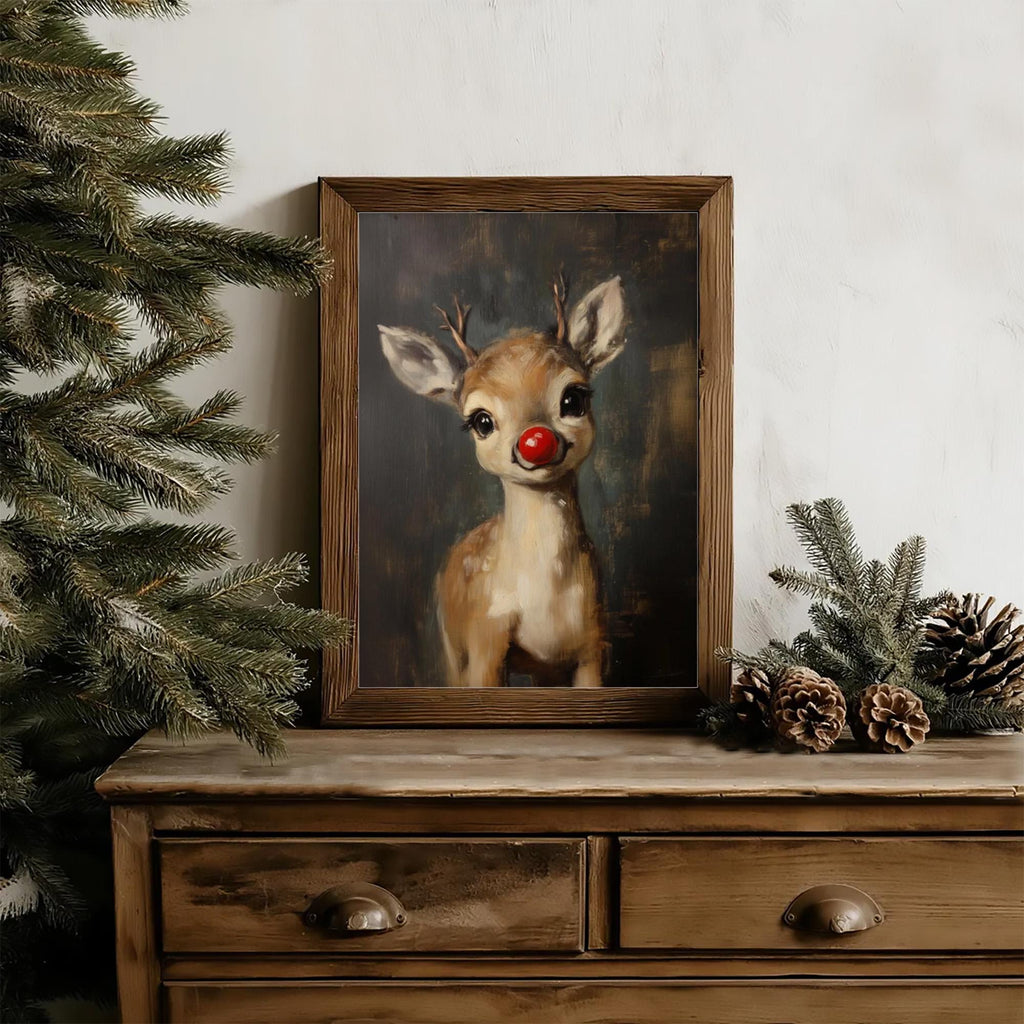 Rudolph Painting Reindeer Cute Print, Whimsical Deer Christmas, Red Nose Christmas Wall Art, Moody Vintage Rudolph Poster, Rustic Artwork