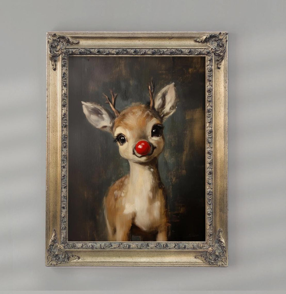 Rudolph Painting Reindeer Cute Print, Whimsical Deer Christmas, Red Nose Christmas Wall Art, Moody Vintage Rudolph Poster, Rustic Artwork