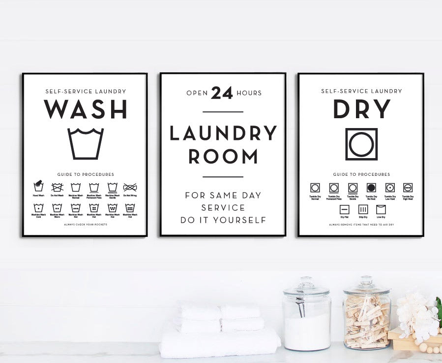 Laundry Room Wash Dry Guide To Procedures Symbols Print Set Vertical - Lettered & Lined