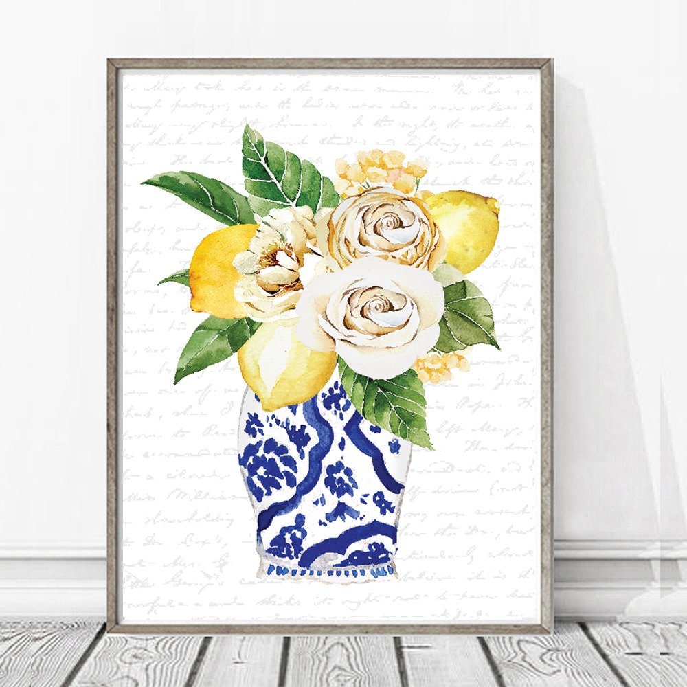 Blue and White Vase Jar Lemon Sunny Flowers Print 
