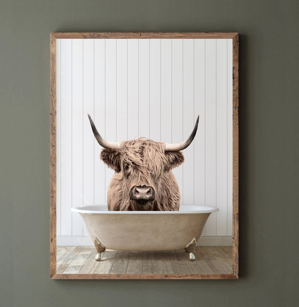 Highland Cow in Bathtub with Wood Floor Shiplap Wall - Lettered & Lined