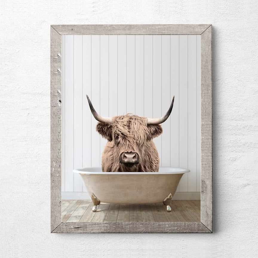 Highland Cow in Bathtub with Wood Floor Shiplap Wall - Lettered & Lined