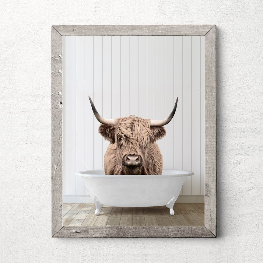 Highland Cow in Bathtub with Wood Floor Shiplap Wall - Lettered & Lined