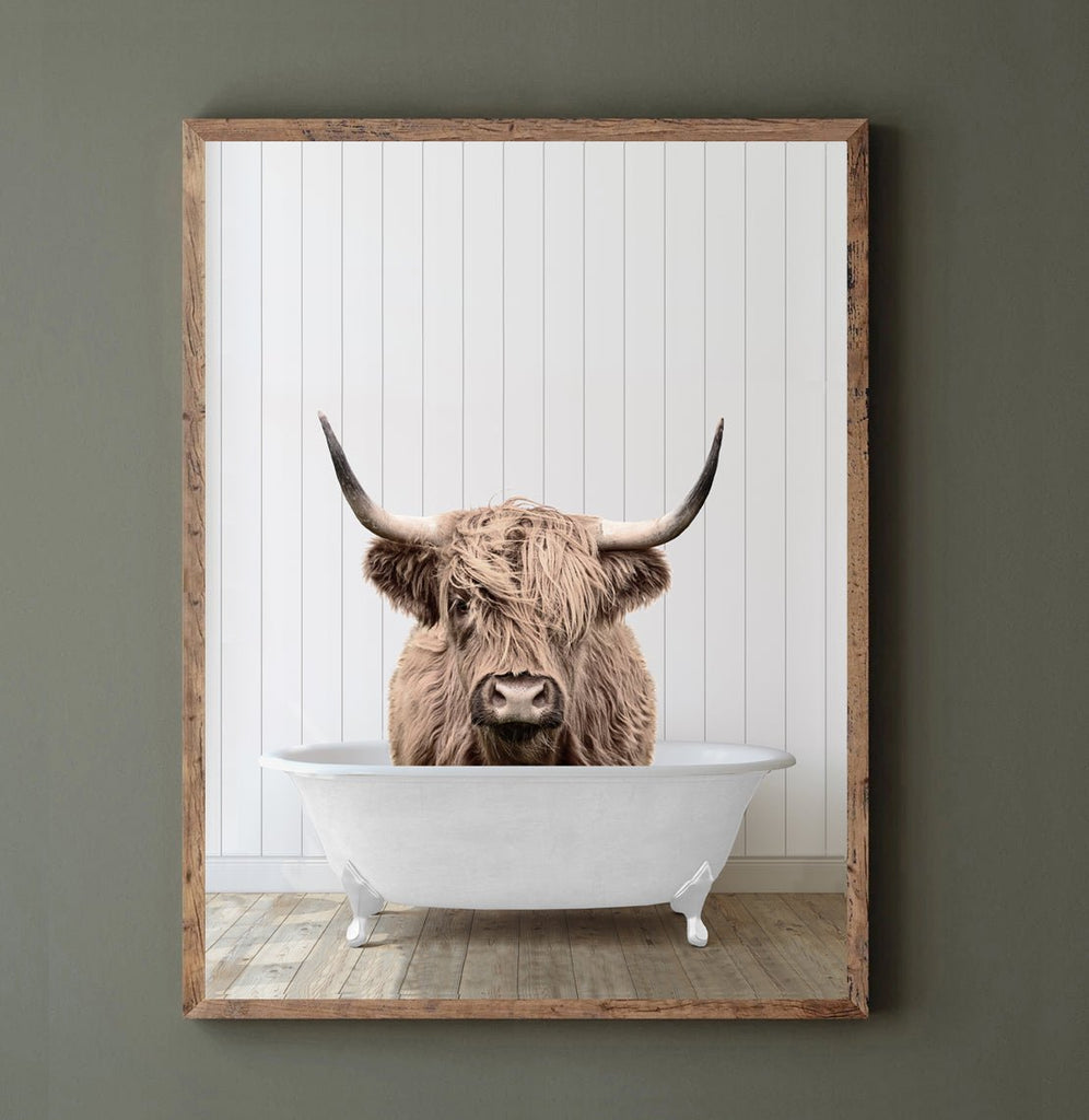 Highland Cow in Bathtub with Wood Floor Shiplap Wall - Lettered & Lined