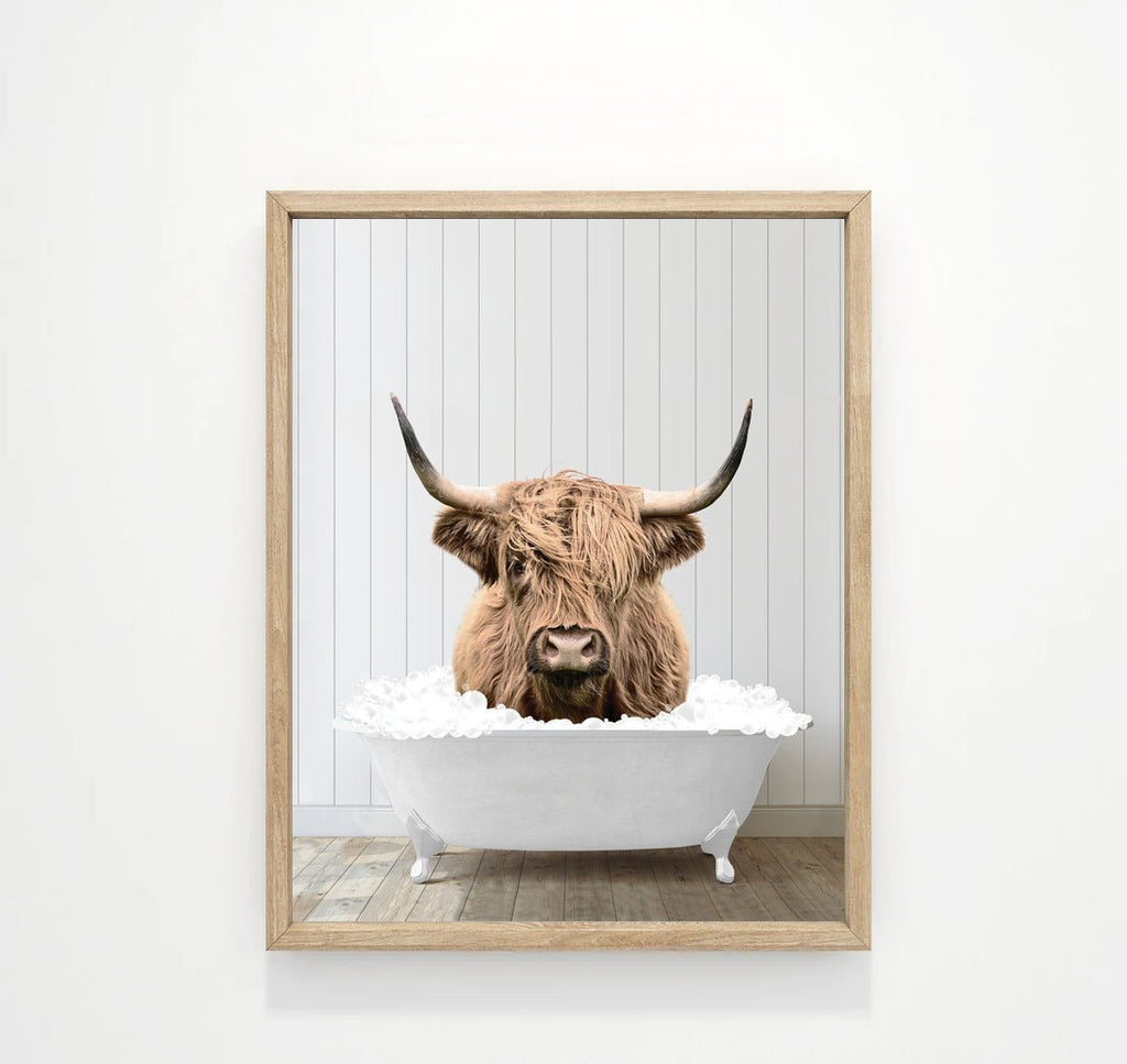 Highland Cow in Bathtub with Wood Floor Shiplap Wall - Lettered & Lined