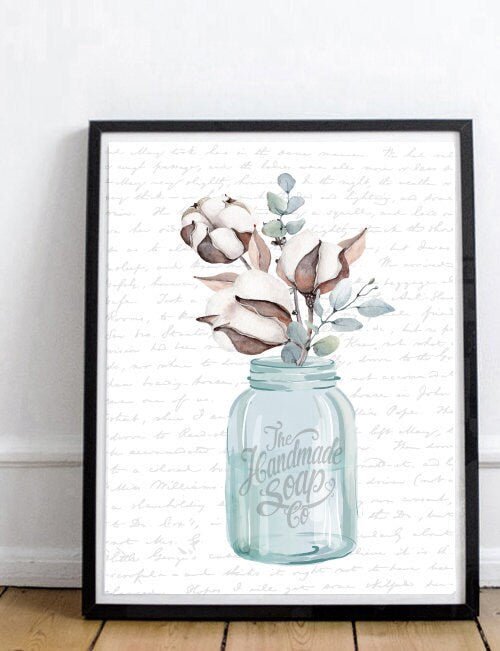 Mason Jar Cotton Eucalyptus Floral Blue Jar - Lettered & Lined
