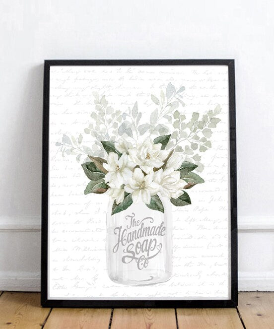 White Mason Jar Magnolia Eucalyptus Bathroom Wall Art | Bathroom Wall Decor | Farmhouse Bathroom Decor | Bathroom Signs | Vintage Signs