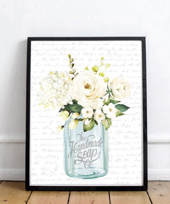 Blue Mason Jar White Floral Bathroom Wall Art | Custom Bathroom Wall Decor | Farmhouse Bathroom Decor | Bathroom Sign | Vintage Art