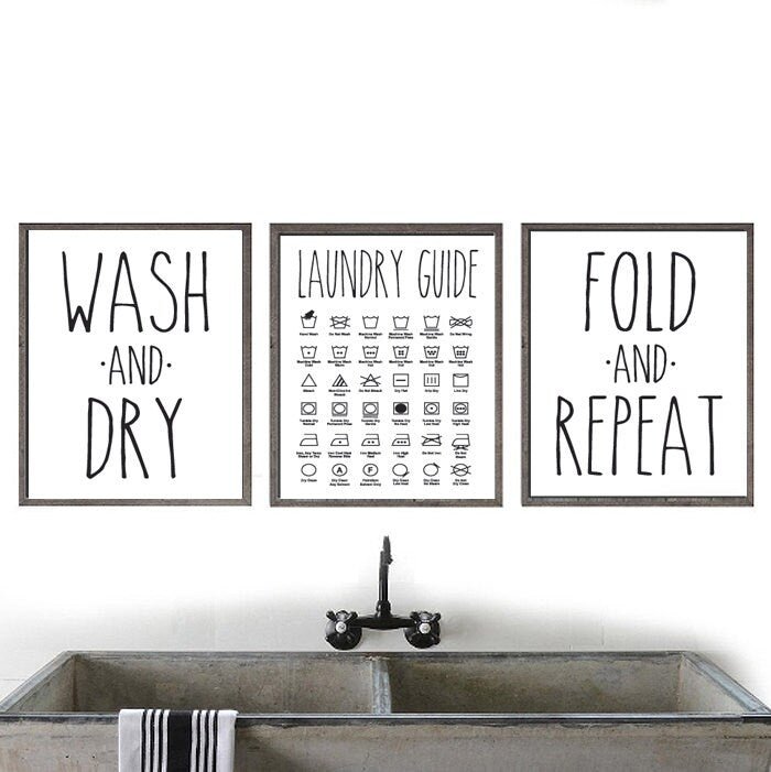 Set of 3 Farmhouse Laundry: Wash & Dry, Guide, Fold & Repeat - Lettered & Lined set-of-3-farmhouse-laundry-wash-dry-guide-fold-repeat-lettered-lined