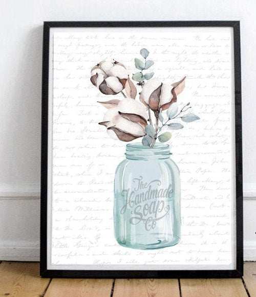 Blue Mason Jar Cotton Eucalyptus Bathroom Wall Art | Custom Bathroom Wall Decor | Farmhouse Bathroom Decor | Bathroom Sign | Vintage Art