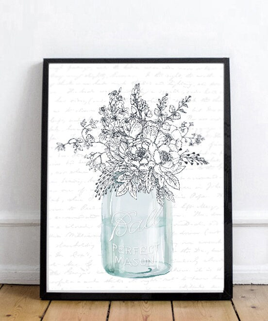 Flower Bouquet Line Art in Blue Mason Ball Jar Print 