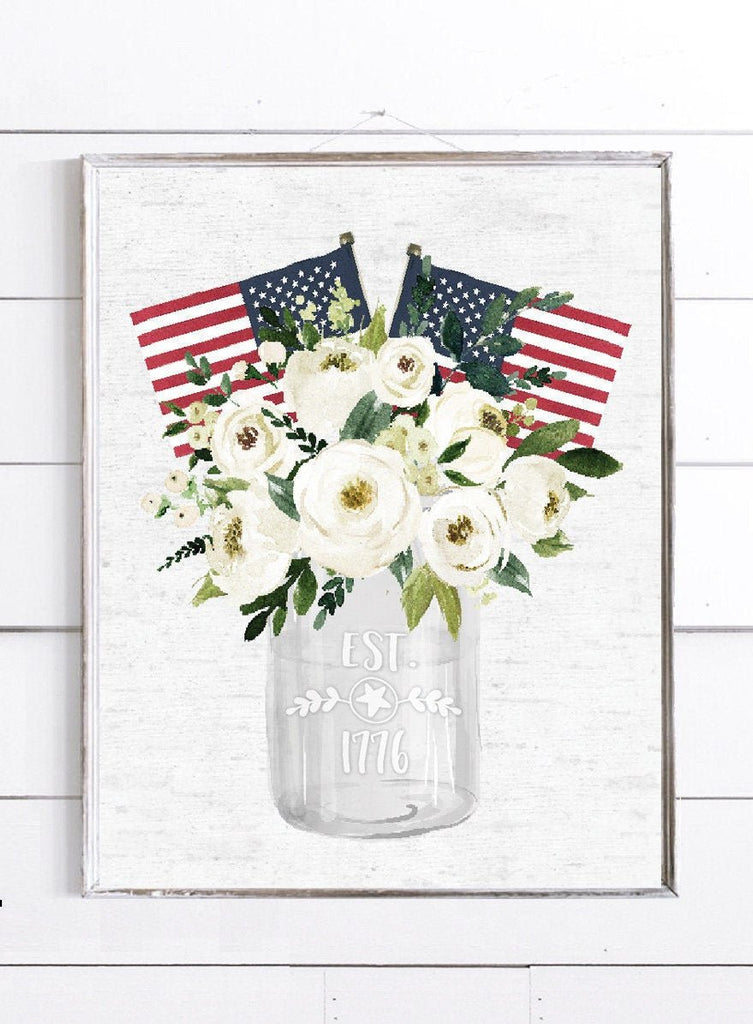 American White Floral Bouquet Mason Jar Est. 1776 - Lettered & Lined