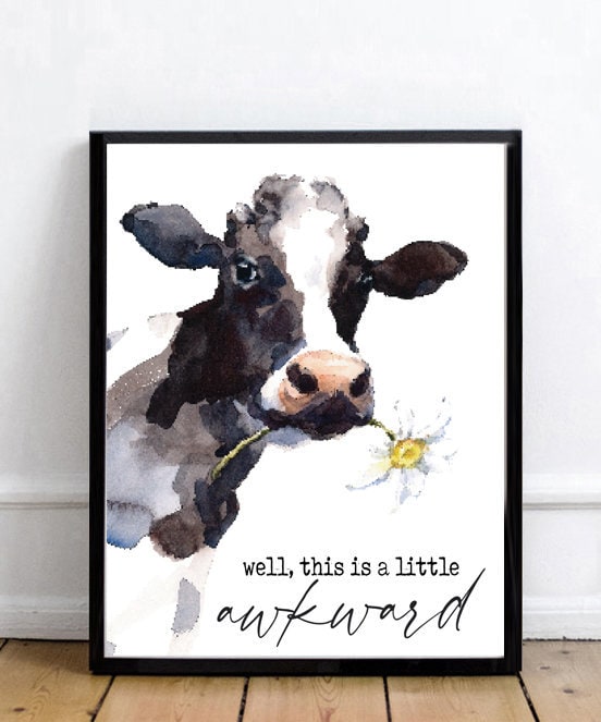 Well This Is A Little Awkward Cow Watercolor | Bathroom Wall Decor | Farmhouse Bathroom Decor | Bathroom Wall Art Signs | Vintage Art Prints